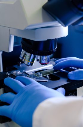A vertical closeup shot of a laboratory worker working with a modern microscope while conducting a coronavirus research
